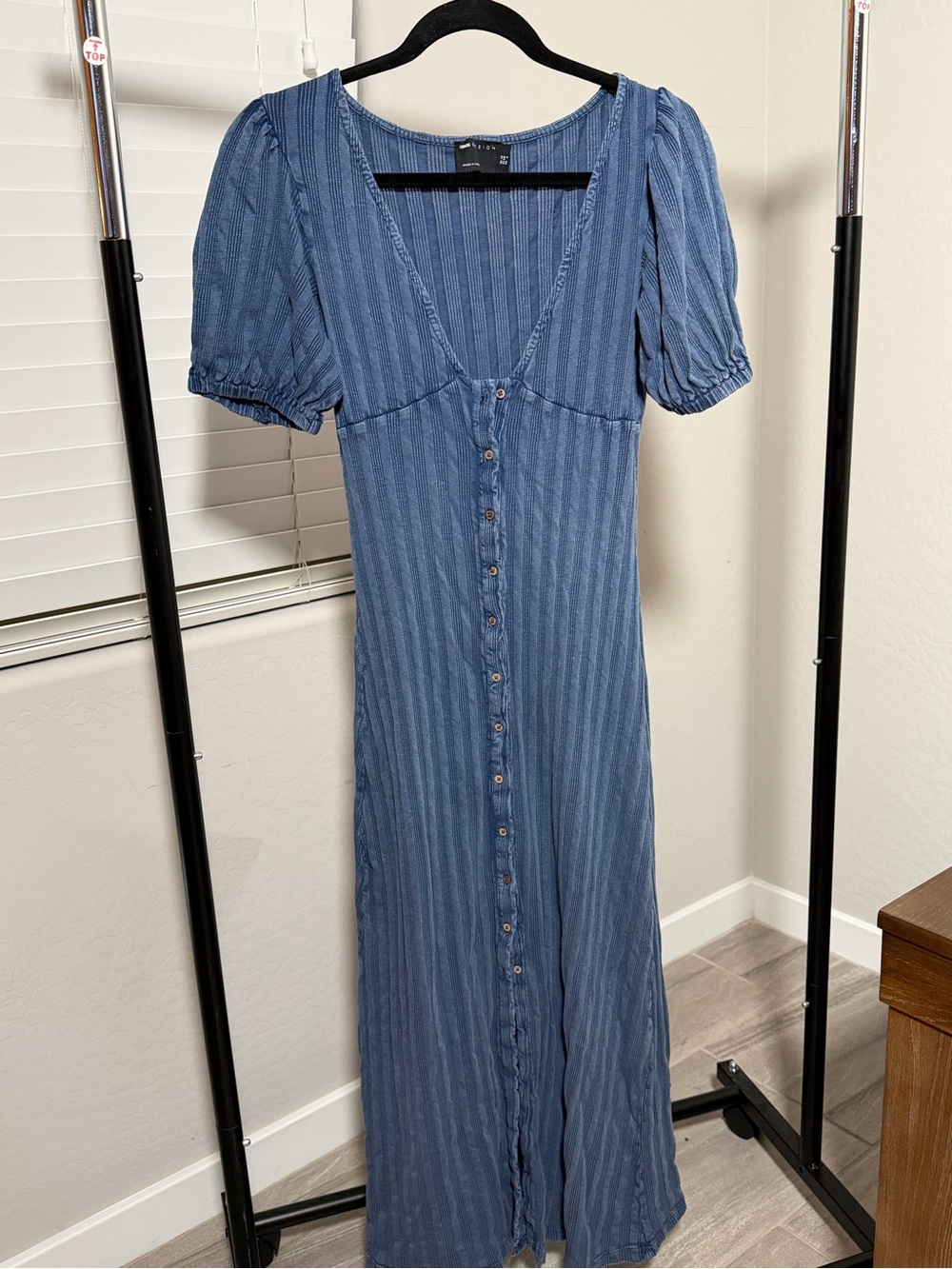 ASOS Design Blue Button Front Puff Sleeve Midi Dress Size 6
